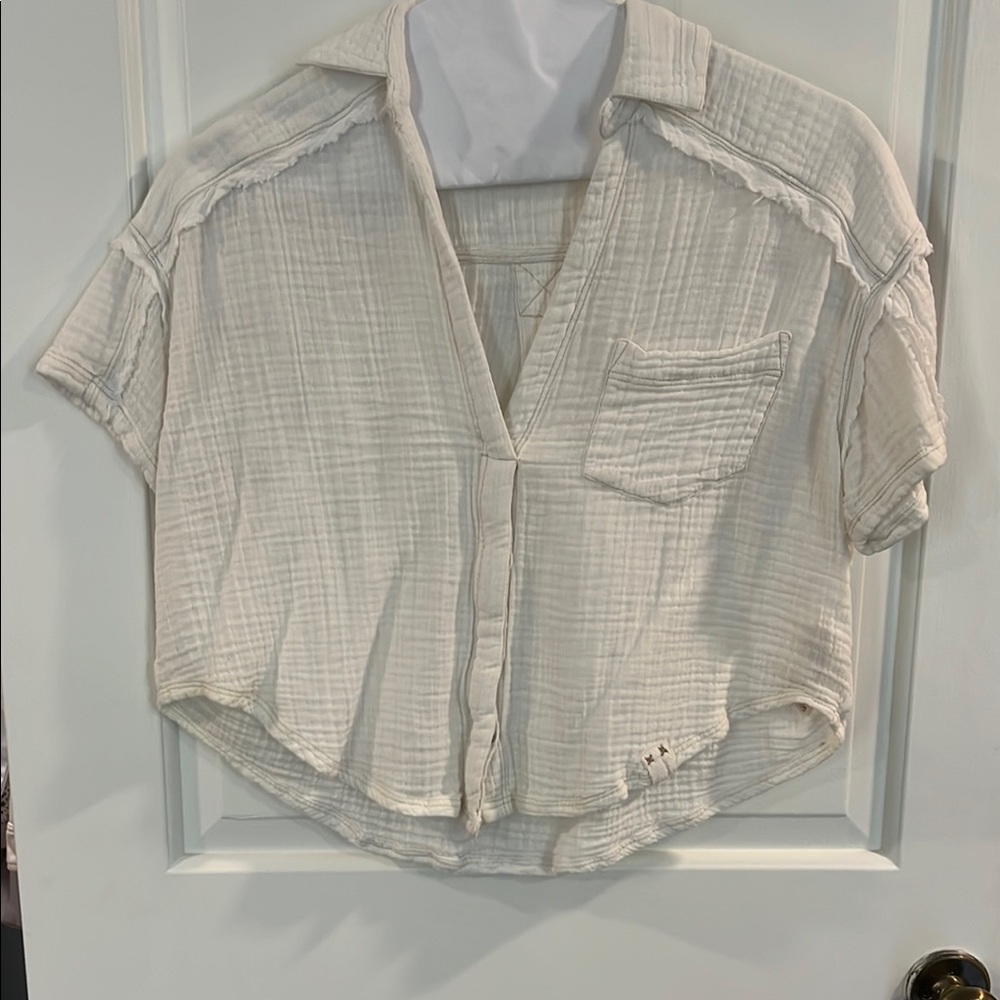 Free People Tan and Cream Boxy Crop Button Down Shirt